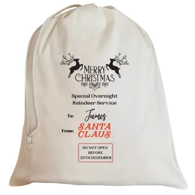 Image of Second Ave Cute Personalised Special Overnight Reindeer Service Christmas Xmas Santa Sack Bag Gift