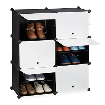 Image of Relaxdays Shoe Cabinet, Storage with Doors, HWD: 95 x 85 31.5cm, 12 Compartments, Plastic Shelving System, Black&amp;White