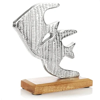 Image of com four® Premium stand fish decorative made of metal on a mango wood base maritime to and decorate (silver colored fish)