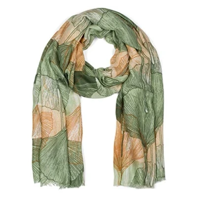 Image of styleBREAKER women&#039;s scarf with colored Ginkgo Leaves leaf pattern print and short fringes, lightweight cloth, stole 01016208, Colour:Green Brown
