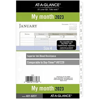 Image of At A Glance 2023 Monthly Planner Refill, 87229 Day Timer, 5 1/2&quot; x 8 1/2&quot;, Size 4, Desk Size, Ruled Daily Blocks, Loose Leaf, Tabs, 481 685Y 23, Brown