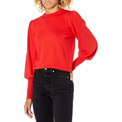 Image of The Drop Women&#039;s Vivienne Padded Shoulder Balloon Sleeve Crew Neck Sweater, Flame Red, 4XL Plus