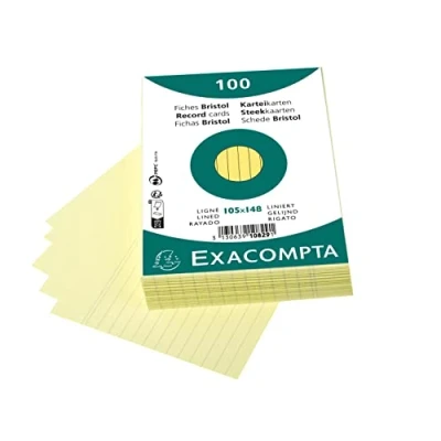 Image of Exacompta Ref 10829SE Bristol Lined Record Cards (Pack of 100) A6 in Size, 205gsm Card, Compatible with Printers Suitable for Exam Revision &amp; Notes Yellow