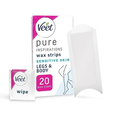 Image of Veet Pure Cold Wax Strips, Legs &amp; Body, Sensitive Skin, 20 2 Finish Wipes, Hair Removal, Removes From Root, 28 Days Smoothness, Hypoallergenic Formula (Packaging may vary)