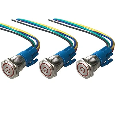 Image of QitinDasen 3Pcs Premium 19mm Self Locking Latching Push Button Switch, 12V / 24V 5A Car Ignition Starter Red LED Light IP67 Waterproof Metal Switch with Socket Plug Wire
