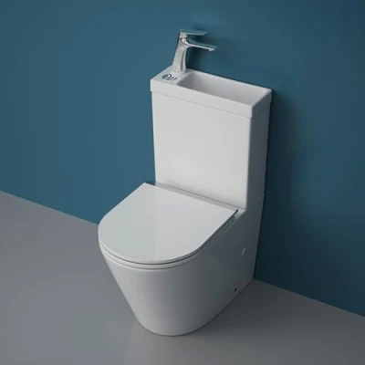 Image of Durovin Bathrooms Close Coupled Two Piece Ceramic Toilet with Sink On Top and tap Rimless WC Pan Cistern Soft Seat