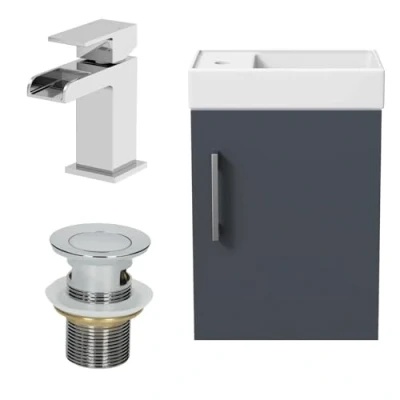 Image of AURORA Modern Cloakroom Bathroom Vanity Unit Basin Wall Hung Mounted 400mm Sink Gloss Grey Waterfall Mixer Tap Free Slotted Waste