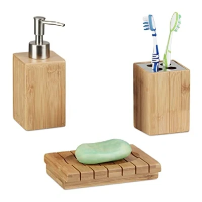 Image of Relaxdays Bamboo Bathroom Accessories Set of 3, Soap Dispenser, Dish and Toothbrush Holder, Natural