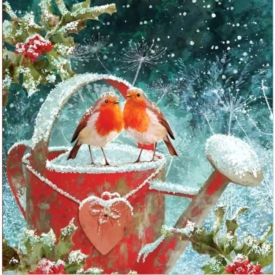 Image of Noel Tatt Charity Christmas Cards Pack of 10 with Robins on a Snowy Watering Can Design Eco Friendly Xmas Multipack Envelopes