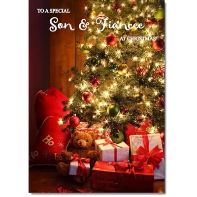 Image of doodlecards Son and Fiancee Christmas Card Teddy by Tree Large A4 Size for &amp; with Plain Envelope