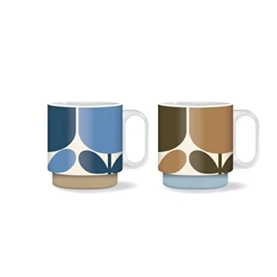 Image of Orla Kiely Set of 2 Stacking Mugs Ceramic Block Flower Navy/Bark Gift Boxed
