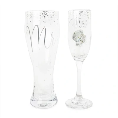 Image of Me to You Tatty Teddy Mr &amp; Mrs Beer Glass and Champagne Flute Gift Set Official Wedding Collection