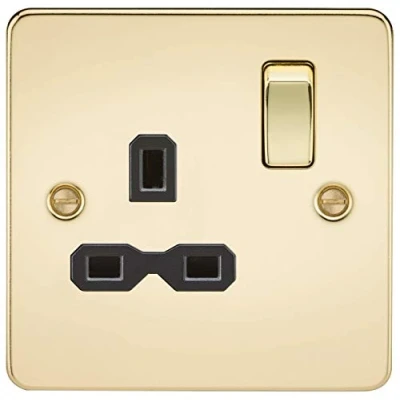 Image of KnightsBridge 1G DP Switched Socket Flat Plate Polished Brass, Black Insert