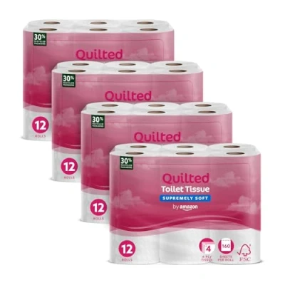 Image of by Amazon Toilet Roll, 4 ply Quilted, Supremely Soft, 48 Rolls (4 Packs of 12), 160 Sheets per FSC Certified