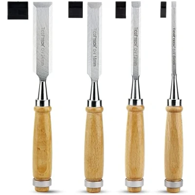 Image of TICOFTECH Wood Chisel Sets, 4 Pieces Set 1/4&quot;, 1/2&quot;, 3/4&quot; and 1&quot; (6mm, 12mm, 18mm, 24mm) with Wooden Handles, Carpenter for Woodworking