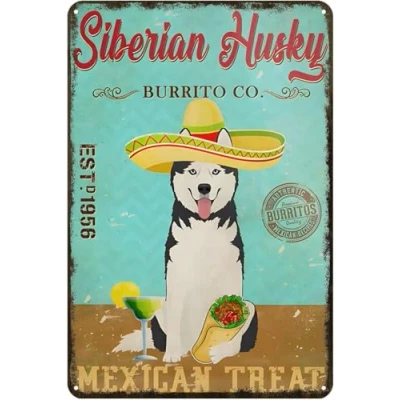 Image of Retro Metal Sign Husky Dog Burrito Rustic Decor Vintage Tin Home Kitchen Bar Cafe Club Cave Wall 8x12 Inch