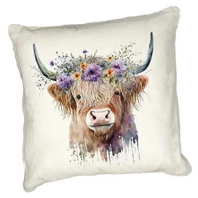 Image of Anonymous Gifting Highland Cow Printed Cushion Cover 40x40cm Linen style 2