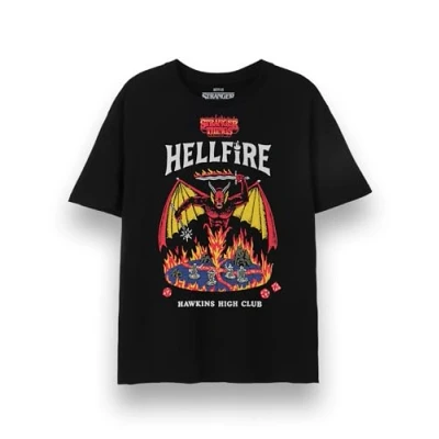 Image of Stranger Things Unisex T Shirt Adults Hellfire Club Short Sleeve Graphic Tee in Black Dungeons and Dragons Hawkins High Devil &amp; Fire Apparel Top Netflix TV Show Merchandise Gift