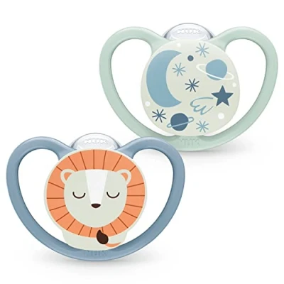 Image of NUK Space Night Baby Dummy 0 6 Months Glow in The Dark Soothers with Extra Ventilation for Sensitive Skin BPA Free Silicone Lion &amp; Moon 2 Count