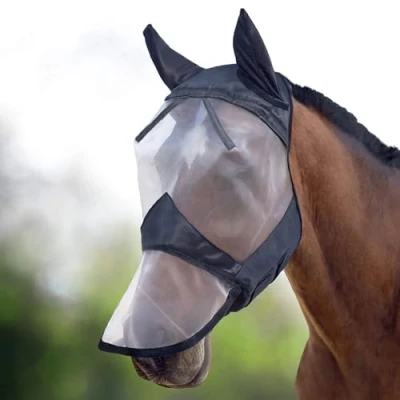 Image of Harrison Howard CareMaster Horse Fly Mask Long Nose with Ears Full Face Black/Silver Retro Medium Cob
