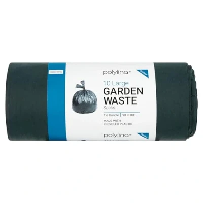 Image of Polylina Garden Waste Bags 90 Litre, 10 Tie Handle Large Bin Refuse Sacks, Extra Thick, Made with Recycled Plastic
