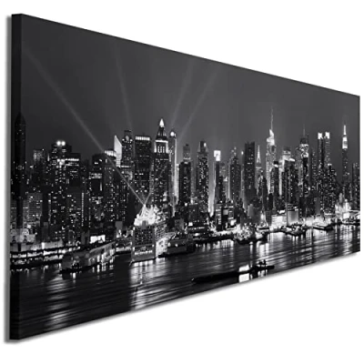 Image of Wallfillers New York Hudson River Skyline Canvas Wall Art Print 1435 XS 82x34cm