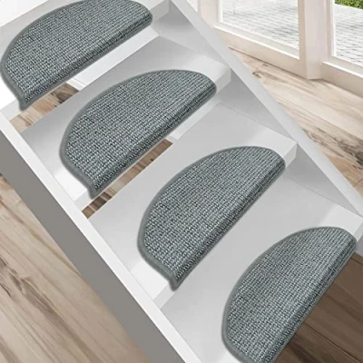 Image of FLODI. Carpet Stair Mats, Carlton, Set of 15 Pieces, Self Adhesive Anti Slip Tread Staircase Step Mats Runner Pads (Light Grey, Semicircular 23 x 65 cm)
