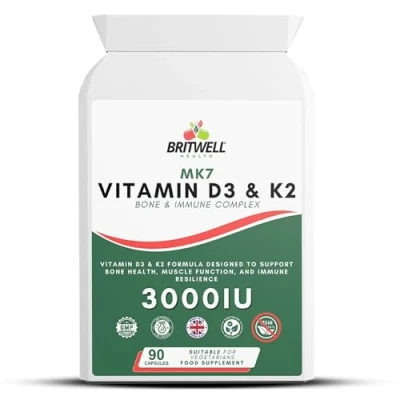Image of Vitamin D3 K2 Capsules 3000 IU &amp; 100µg (MK 7) 90 Vegetarian 3 Month Supply High Strength Immune Support, Bone Health Muscle Function Supplement Made in The UK