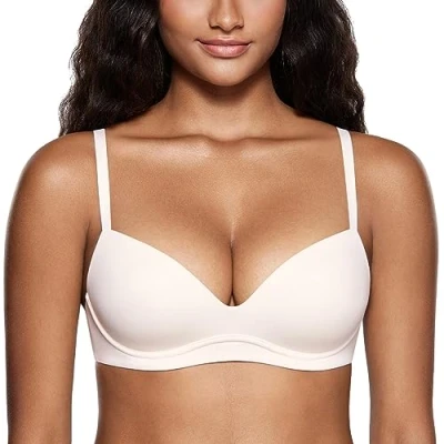 Image of DOBREVA Women&#039;s Push Up Bra Plunge Wireless Comfortable T Shirt Padded Bras Coconut White 42B