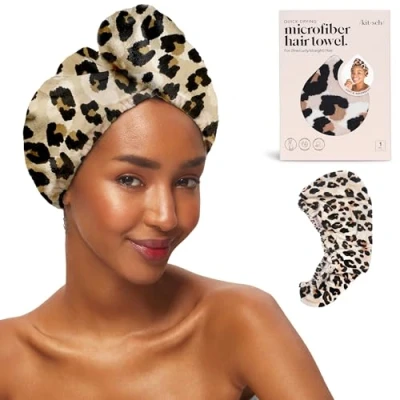 Image of Kitsch Microfiber Hair Towel Wrap Quick Dry Curly Wraps for Women Wet Drying Towels Turban (Leopard)
