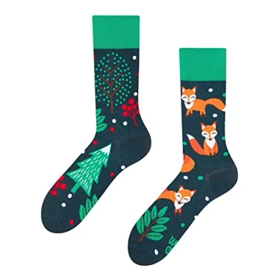 Image of Dedoles Unisex Socks for Women, Men &amp; Kids Cotton Funny Designs Football Bicycle Horses Plants Firefighter Gift Mismatched, Design: Night Fox, Colour: Green, Size: 5 7.5 W / 6 8 M UK