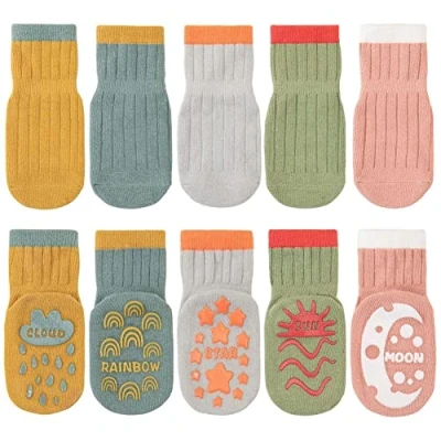 Image of FedMois 5 Pairs Baby Kids Anti slip Socks Cotton non skid Ankle Socks, sky, 1 3 Years
