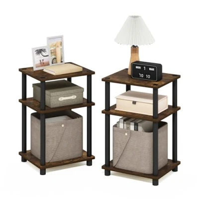 Image of Furinno Just 3 Tier Turn N Tube End Table, 2 Pack, Amber Pine/Black