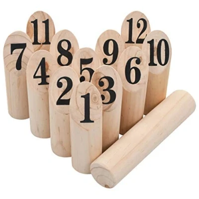 Image of &#039;vidaXL Number Kubb Game Set Natural Solid Pinewood Outdoor Wooden with Carrying Bag, Fun and Engaging for Parties, Picnics Gatherings
