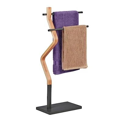 Image of Relaxdays Rack, 2 Rails, Free, 85 x 43.5 20 cm, Bathroom Stand for Towels, Steel &amp; MDF, Grey/Natural
