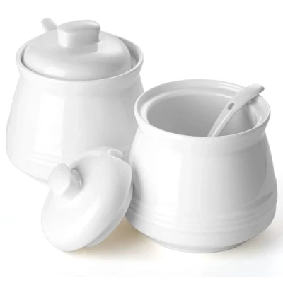 Image of zeeooil Sugar Bowl with Lid and Spoon Set of 2 Ceramic Pot Container (White)