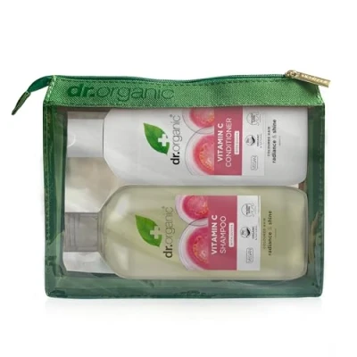 Image of Dr Organic Vitamin C with Guava Shampoo &amp; Conditioner Set Travel Bag, Coloured Hair, Natural, Vegan, Cruelty Free, Paraben SLS Organic, 265ml