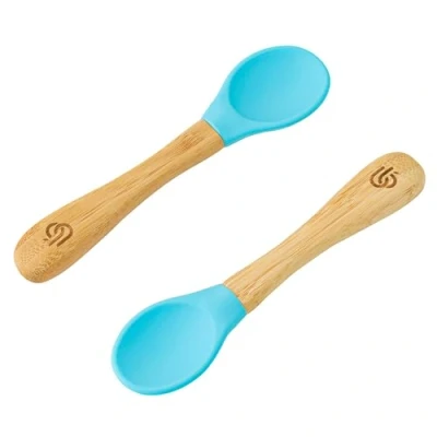 Image of Bamboo ® Baby Weaning Spoons Set of 2 with Soft Silicone Tips Ergonomic Easy Grip Handles BPA Free (Set 2, Blue)