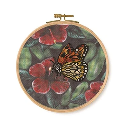 Image of DMC Orange Butterfly Cross Stitch Kit, Includes Embroidery Threads, Needle, Wooden Drum and Instructions