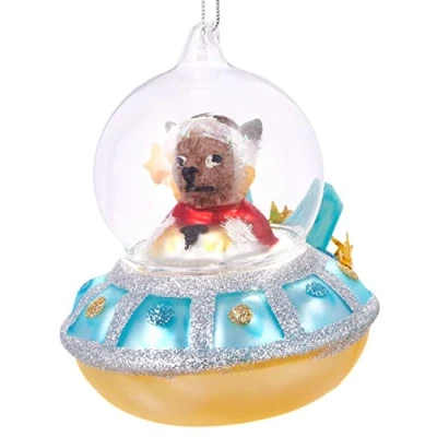 Image of BRUBAKER Ufo with Christmas Dog Blue Handpainted Glass Bauble Mouthblown Tree Decoration Figures Funny Pendant Ball 4 inches (10 cm)