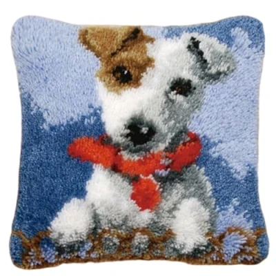 Image of CAIRF White Puppy Pattern B Latch Hook Pillow Case Kits Embroidery DIY Cover Sofa Cushion Kit for Starters Adults or Children, 43 X cm
