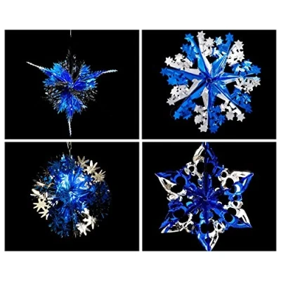 Image of Simply Products Set of 4 40cm Christmas Foil Ceiling Garland Hanging Xmas Decoration, Long Star, Snowflake, Star Ball &amp; (Royal Blue Silver)