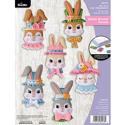 Image of Bucilla Bonnet Parade Set of 6 Felt Applique Ornament Making Kit, Perfect for Easter DIY Needlepoint Arts and Crafts, 89578E