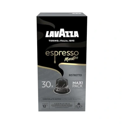 Image of Lavazza, Espresso Maestro Ristretto, 30 Aluminium Capsules Compatible with Nespresso Original Machines, Chocolate &amp; Caramel Notes, Arabica Robusta, Intensity 12/13, Dark Roasting, Zero CO2 Impact