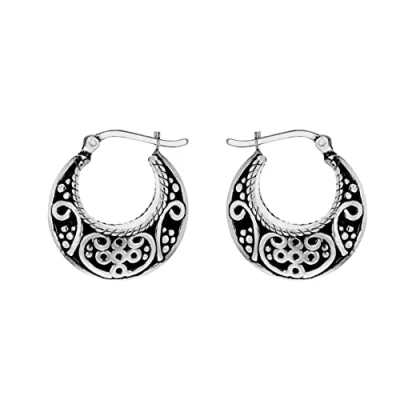 Image of Tuscany Silver Women&#039;s Sterling Oxidised Antique Style Patterned Creole Earrings, 21.5 x 23.5 mm