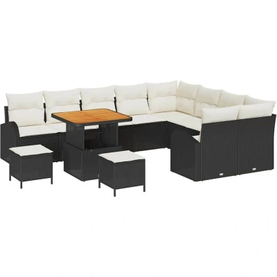 Image of vidaXL 12 Piece Garden Sofa Set with Cushions Black Poly Rattan Acacia
