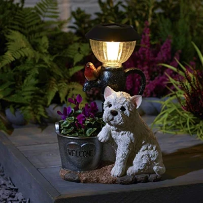 Image of Solar Powered Westie with Robin Light Lamp Post Automatic Garden 6 8Hr Output