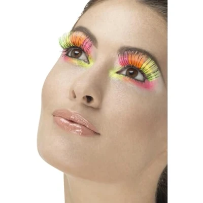 Image of Smiffys 80s Party Eyelashes, Neon Multi Coloured with Black Stripe, Contains Glue, Fever Eyelashes Fancy Dress, 1980s Dress Up Cosmetics &amp; Disguises.