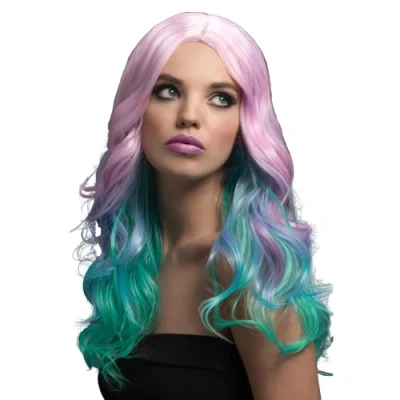 Image of Smiffys Fever Khloe Wig, Pastel Ombre Long Wave with Centre Parting, 56cm/22in, Wigs Fancy Dress, Adult Dress Up