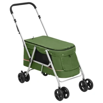 Image of vidaXL Portable Folding Dog Stroller Comfortable Linen Fabric Pet Pram with Sunroof and Breathable Mesh for Maximum Ventilation Green